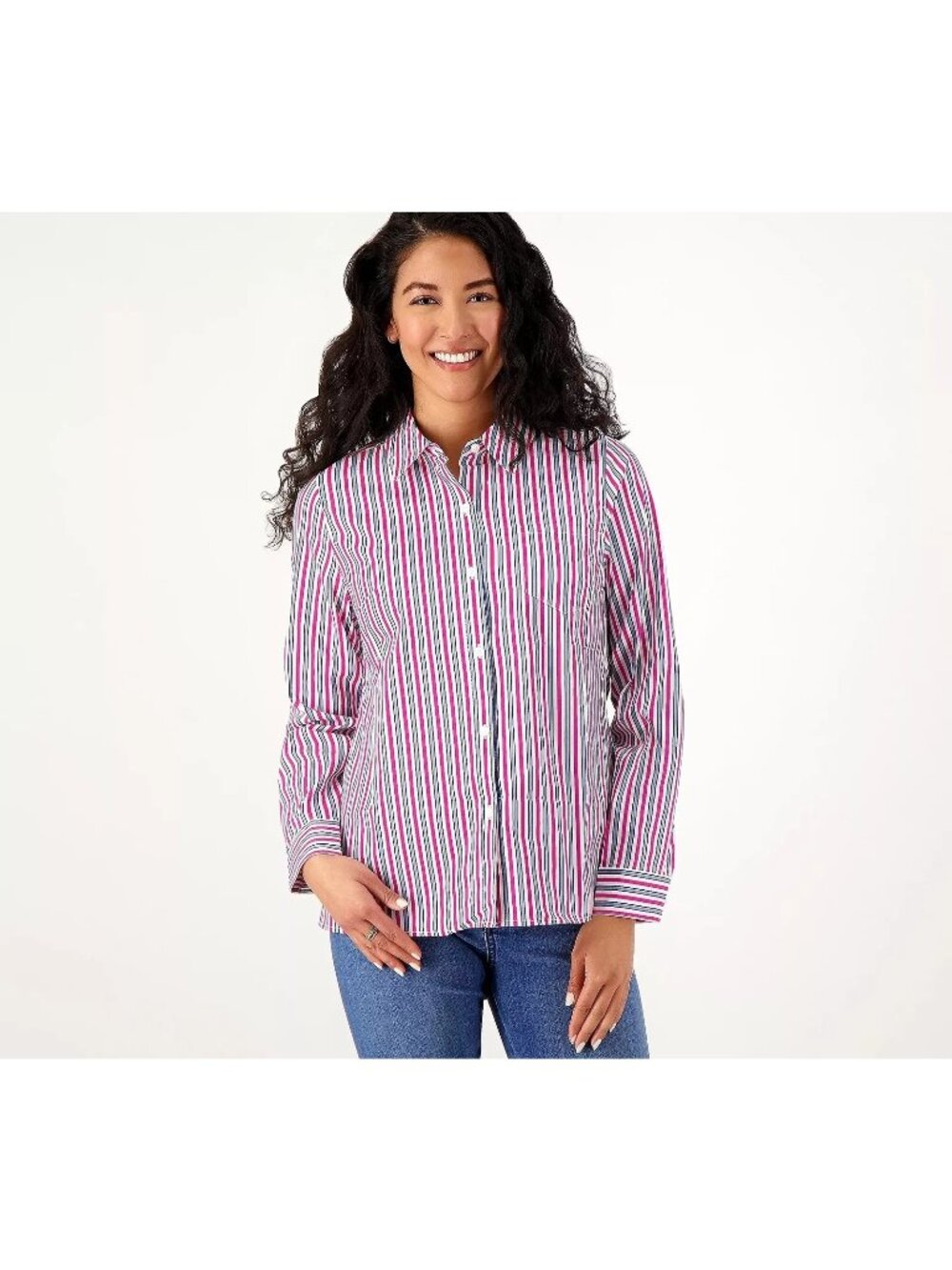 Denim and Company Shirt Size XS Printed Button Front Pink Striped Career NEW